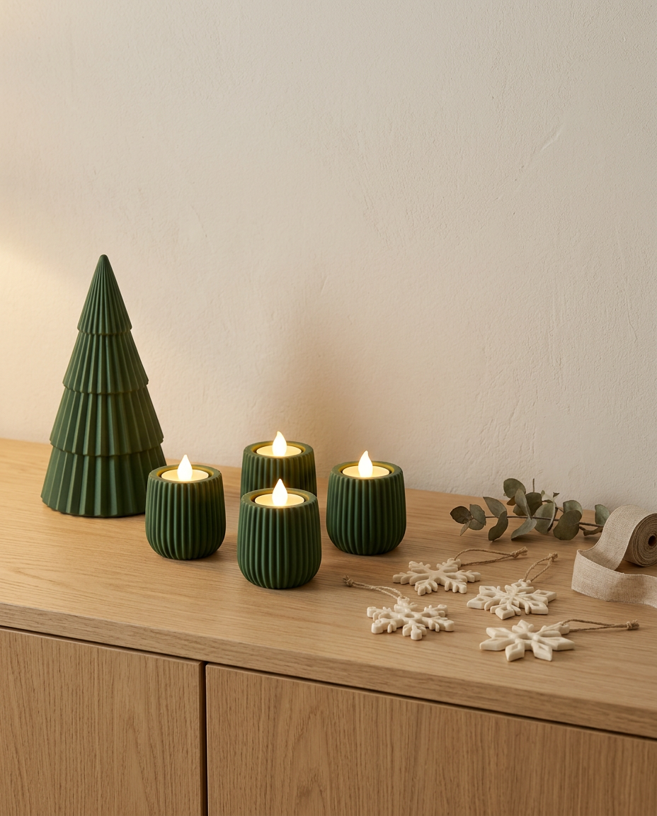 Zeleni mini bor BORIĆ, držači LED svijeća ADVENT i ukrasi PAHULJA na hrastovoj komodi